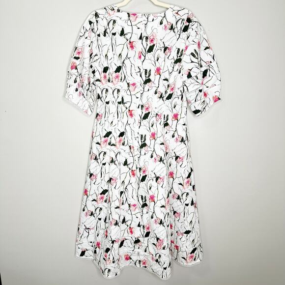 Marchesa Notte Womens Aster Printed Cotton Poplin Dress Puff Sleeve Ivory Pink 8 - Picture 4 of 12